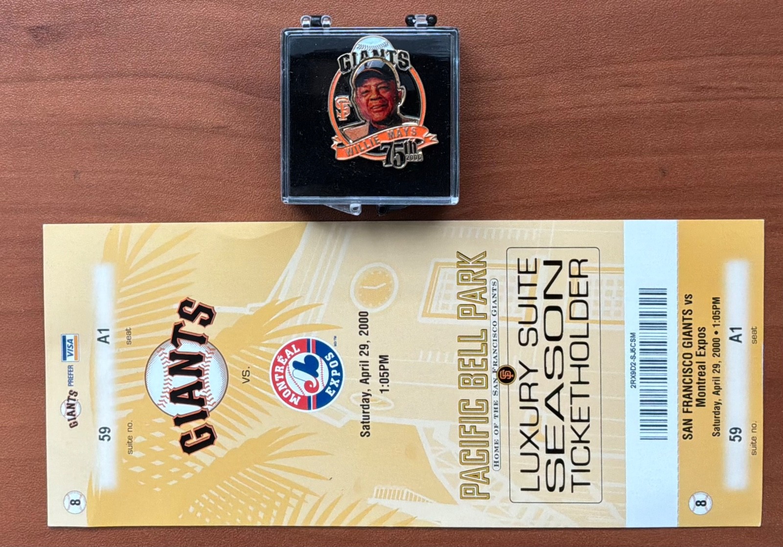 Willie Mays Personally Owned 75th Birthday Pin & First Win Against Expos Ticket