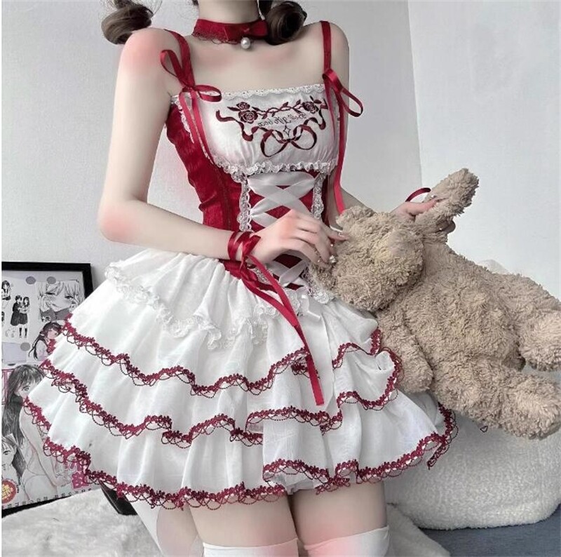 Japanese Lolita Women Cute Jsk Ruffled Ribbon Dress Kawaii