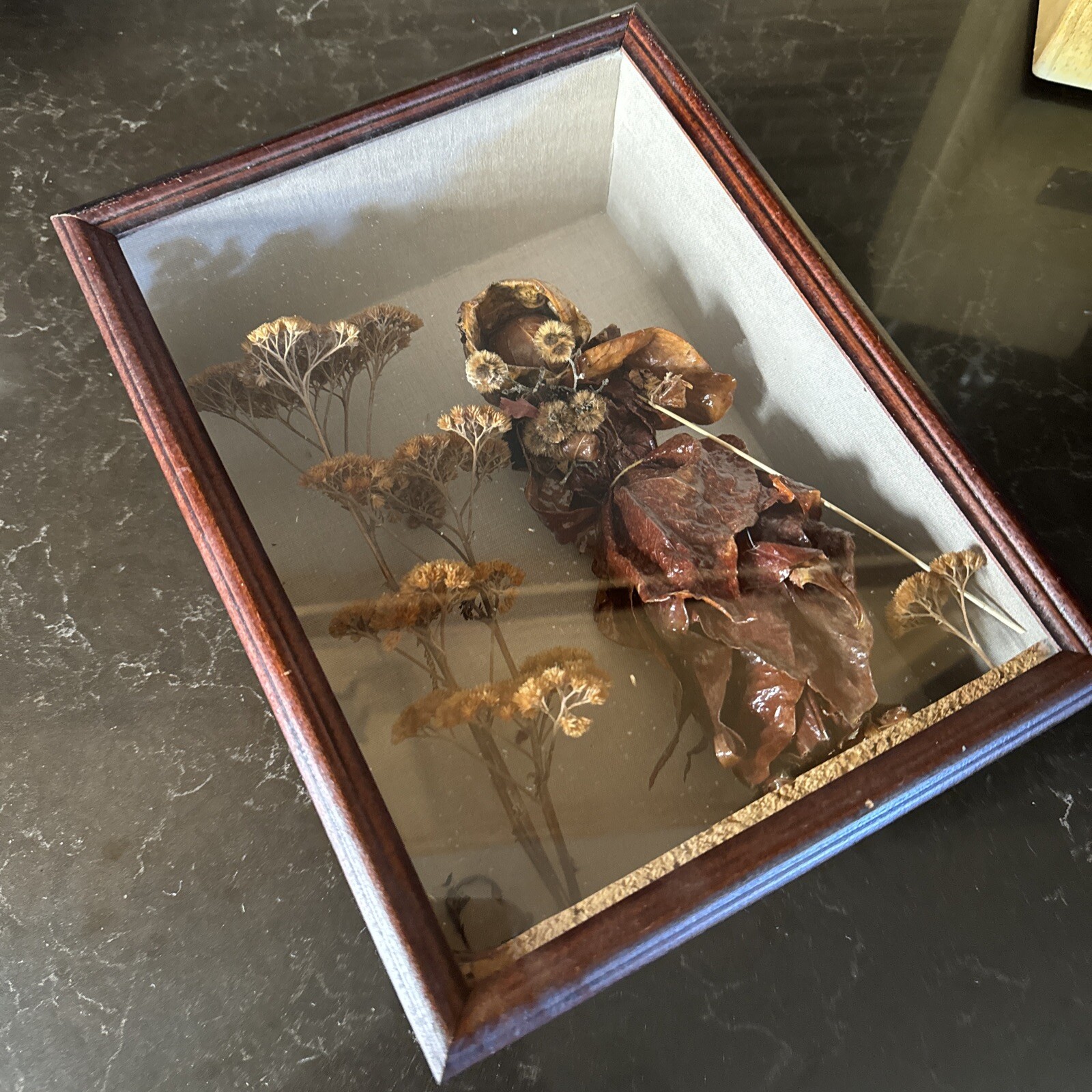 Vtg Wood Framed Shadow Box with Dried Flowers Old Woman Martine Collard-Tampin