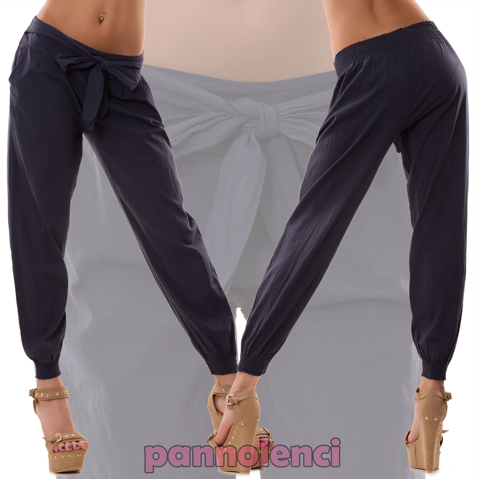 Pantaloni Harem Donna Cavallo Basso &ndash; Modello Sarouel Leggero Elastico &ndash; Colore Marinara &ndash; Nuovi HY02