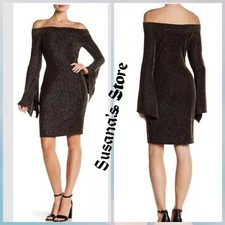 NWT BCBG MAXAZRIA SIZE S Ellena Black Gold Metallic Off Shoulder Dress $178