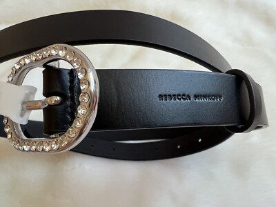 New! Rebecca Minkoff Leather Belt with Pavé Crystal Buckle 