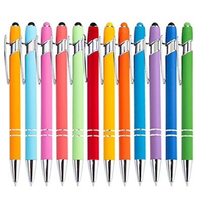 12 Pieces Rainbow Rubberized Soft Touch Ballpoint Pen with Stylus Tip Stylish...
