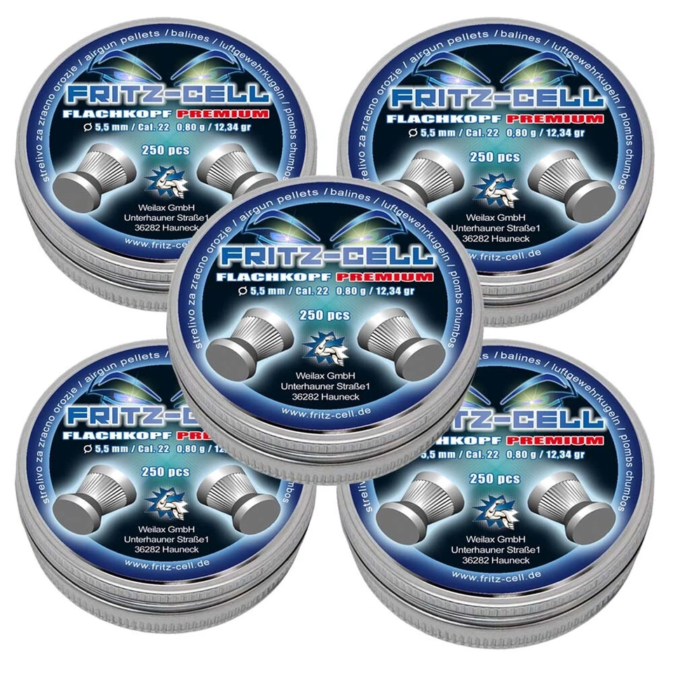 5 x Fritz Cell Flachkopf Premium 5,5 mm Diabolos für Luftgewehr, Luftpistole