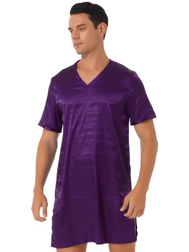 US Men Satin Nightshirt V Neck Short Sleeve Pajama Tops Robe Sleepwear Nightwear - Picture 119 of 168