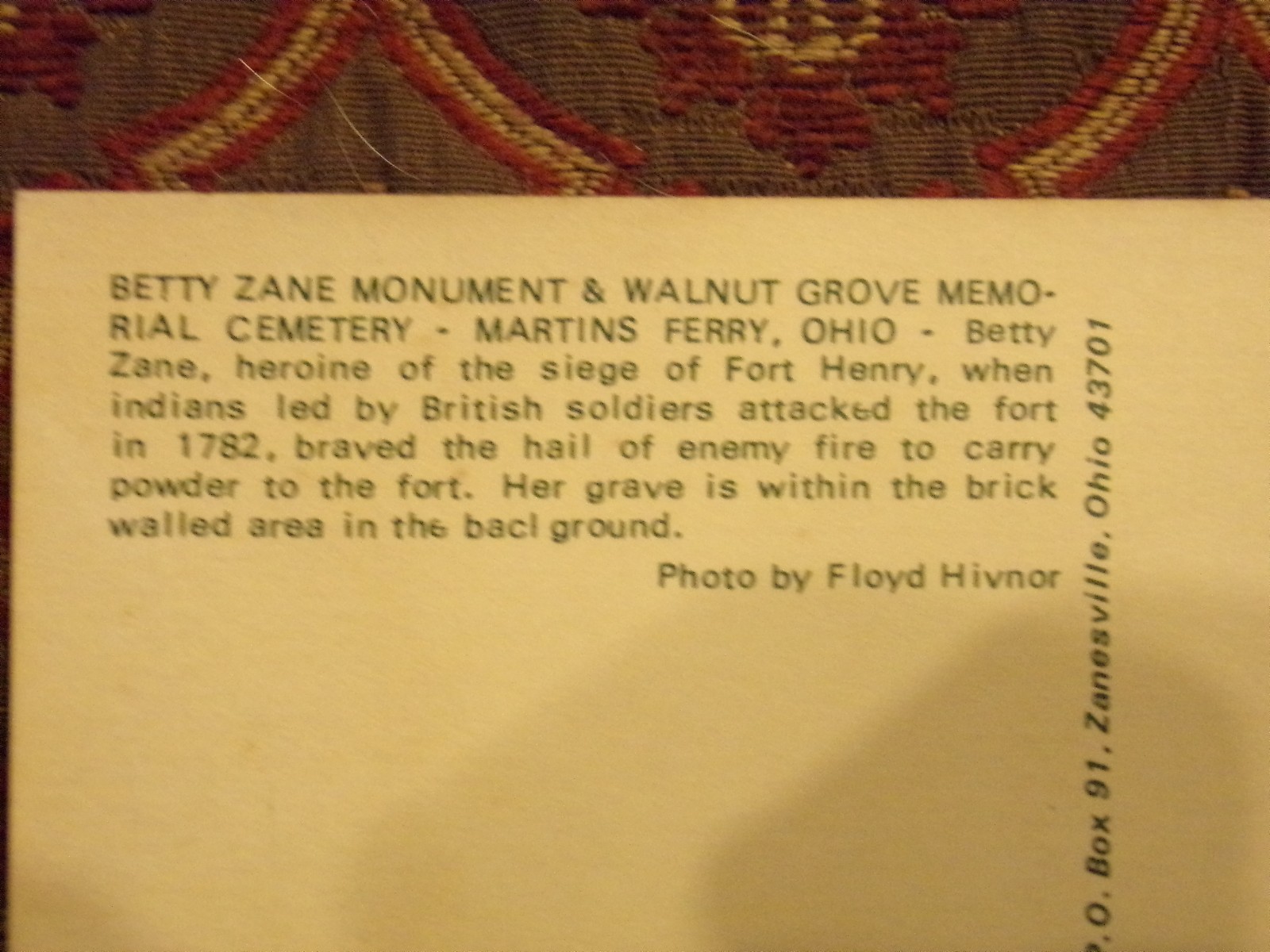 Vintage Postcard Betty Zane Monument, Walnut Grove Memorial Cemetery, Ohio eBay