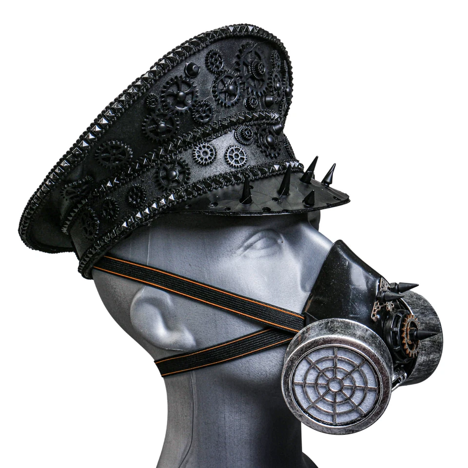Gorra Capitán Steampunk Negra con Máscara de Gas de Fiesta Plateada Disfraz de Halloween Foto 2 de 4