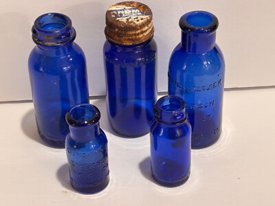 Vintage Bottles Cobalt Blue Bromo Seltzer Antique EMERSON DRUG CO MD Set of 5