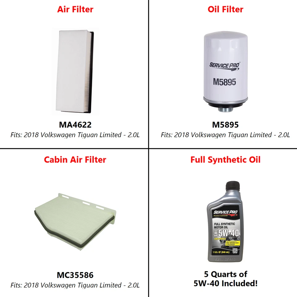 2018 Volkswagen Tiguan Limited 2.0L Complete Cabin, Air & Oil Filter Kit (5W-40) — 第 2/4 张图片