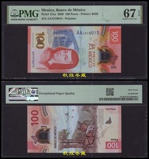Mexico 100 Pesos 2020, Polymer, AA Prefix, IBNS Winner Note, PMG67