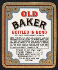 Vintage label OLD BAKER whiskey small size Bottled In Bond Meadowlawn Kentucky