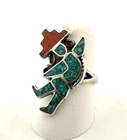 Vintage Zuni 925 Sterling Silver Rainbow Dancer Kachina Turquoise & Coral Ring