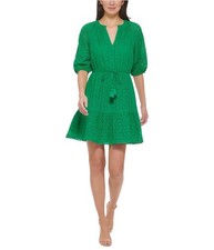 Vince Camuto Womens Eyelet Tiered Mini Dress, Green, 10