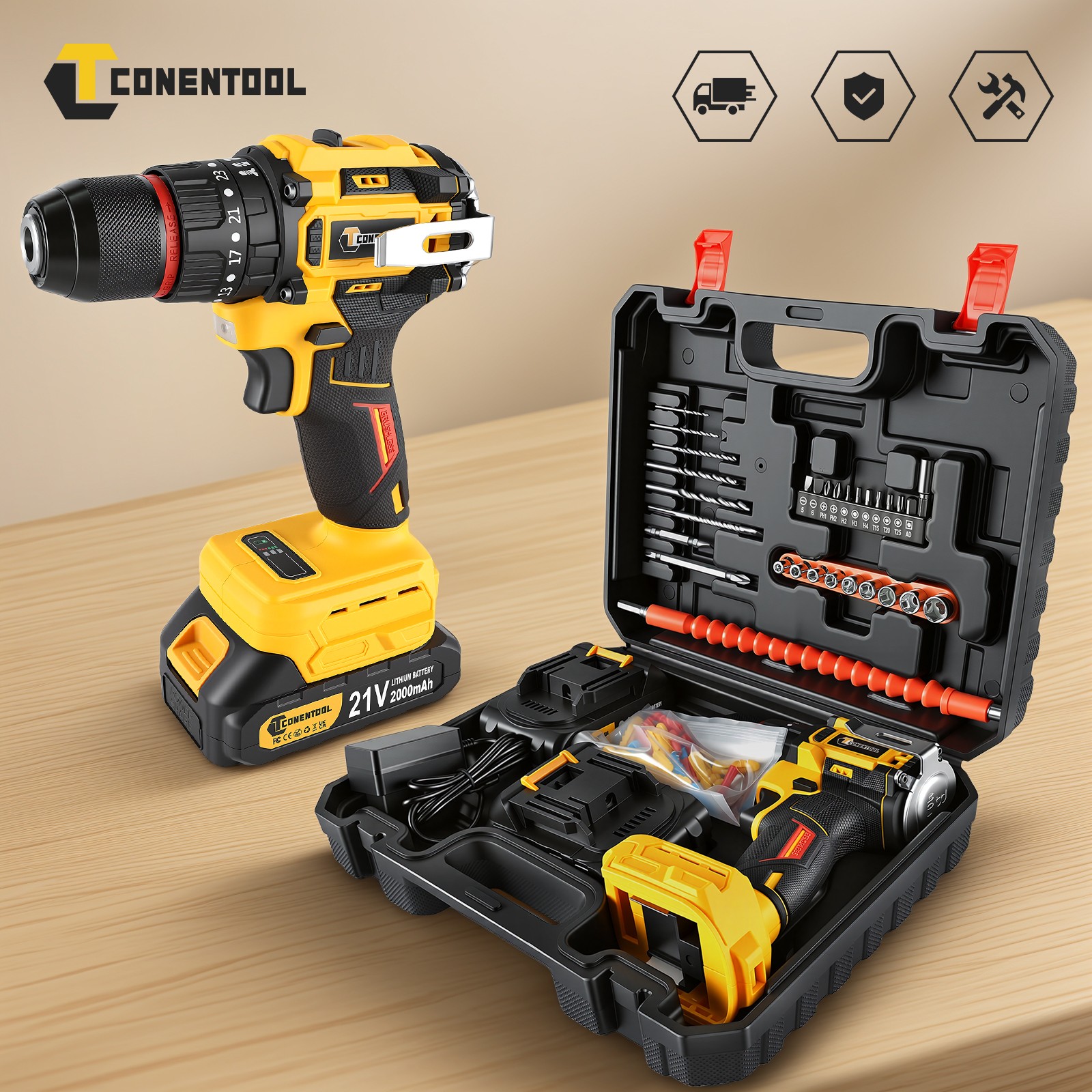 CONENTOOL 21V Brushless Cordless Drill Power Driver Set + 2 Battery & Charger