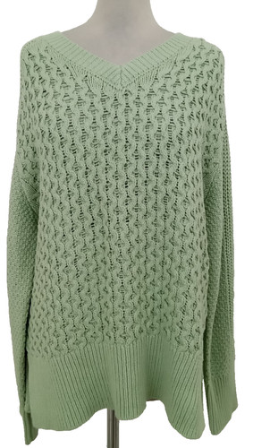 M&S Women's Jumper Size L Pale Jade Pullover Chunky Knit V Neck Mid Used