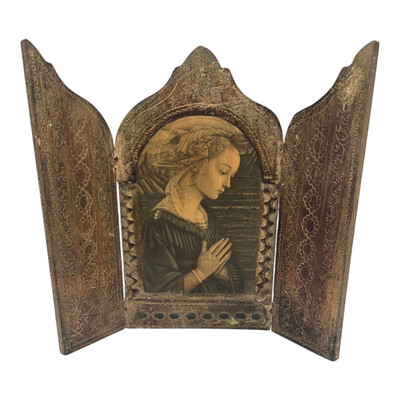 Florentine Wood Italy Triptych Art Panel Traveling Icon Madonna Vintage 