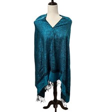 NWOT Teal Blue Pashmina Poncho with Fringe and Black Paisley Pattern