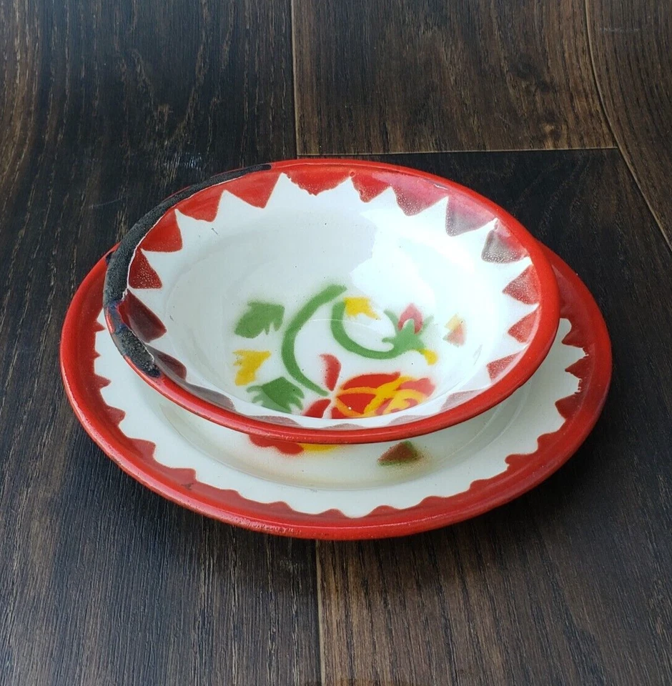 Collectible Set of Porcelain Enamel Bowl and Plate Vintage style Enamel Cookware - Image 2 of 4