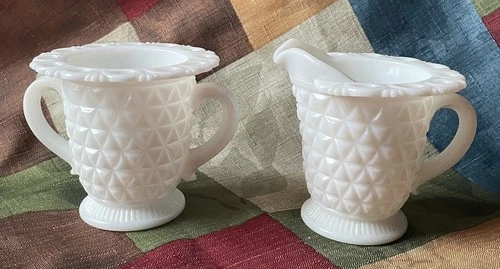 Vintage Imperial Milk Glass Sugar and Creamer Set Diamond Point Lace Edge