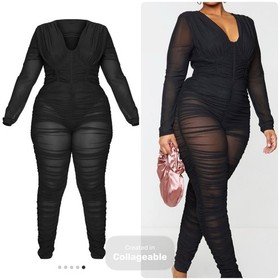 *NWT* PrettyLittleThing PLT Black Ruched Mesh Baddie Jumpsuit, Sz 22, Underwire