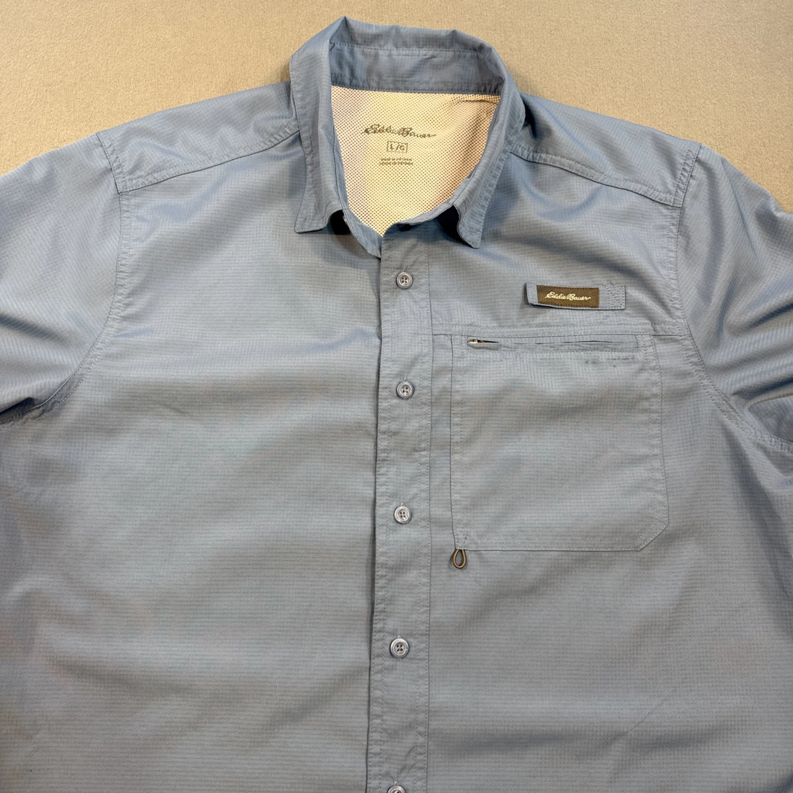 Eddie Bauer Mens LG BLUE SHORT Sleeve Fishing Hiking Shirt Ventilated