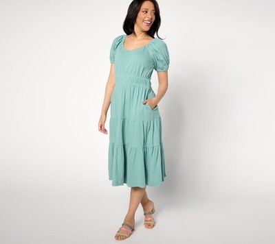Destination 365 Reg Puff Sleeve Sweetheart Midi Dress Sage L New