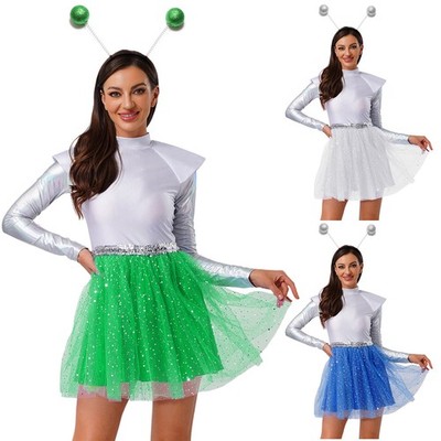 Damen Alien Kostüm Space Girl Mit Alien Stirnband Tütü Kleid Astronaut Kostüm 