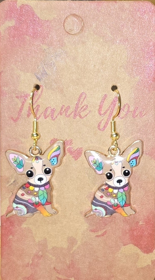 Dangle Tan Cute Enamel Chihuahua Earrings .925 Sterling Silver Hooks