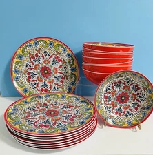 Set Of 16~Panama Jack Melamine Spanish Tile Medallion 11”Floral Plates~Bowls