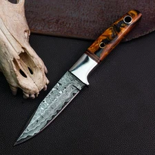 Gift-Ready 7.7" Damascus / Steel Knife Full Tang Hunt it Hunt + Leather Sheath