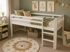 Kids Bunk Bed Mid Sleeper Wooden Cabin Bed Frame With Ladder White 3ft Single
