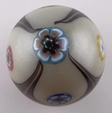 Murano Pulled Feather  & Millefiori (UV Reactive)  Egg-Shaped Glass Paperweight