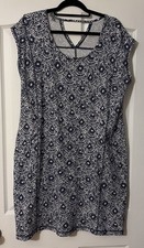 T By Talbots Dress 1X Geometric Print Purple White Cap Sleeve Front Zip Pockets