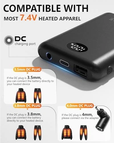 10000mAh Rechargeable Battery Pack for Heated Vests & Jackets - 7.4V 3A DC, 5V U - product detail image 3