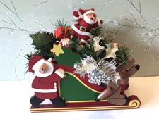 Wooden Christmas Sleigh Centerpiece  W/Santa, Reindeer and Greenery