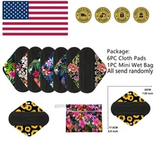 7pcs/Set Reusable Menstrual Pads Including 1pc Mini Wet Bag +6pcs Bamboo Char...