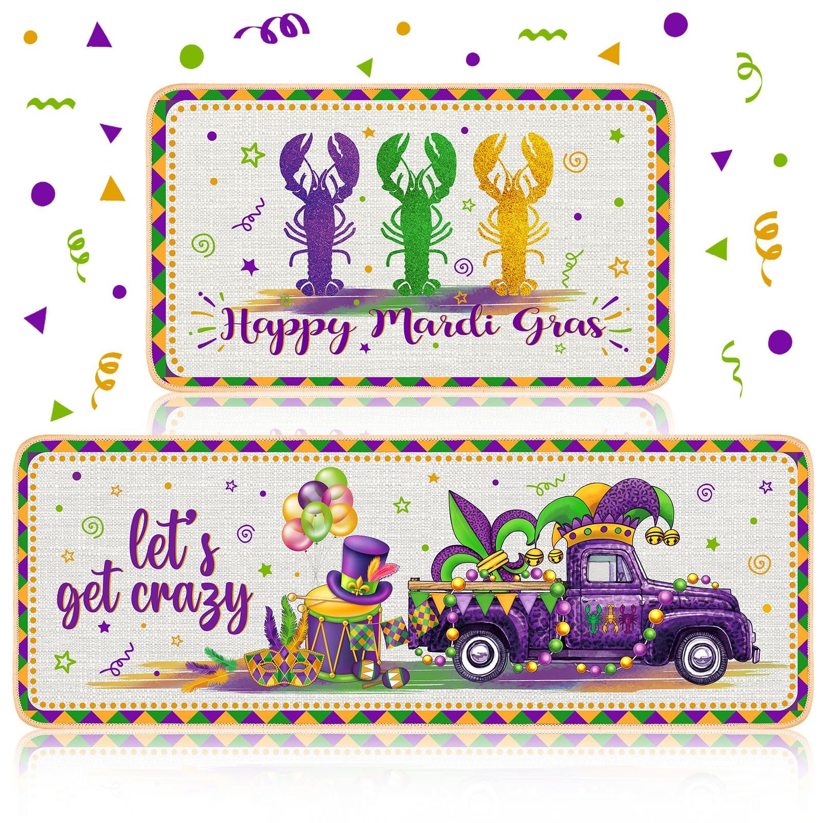 2 Non-Slip Mardi Gras Kitchen Rugs with Lobster & Purple Gold Design