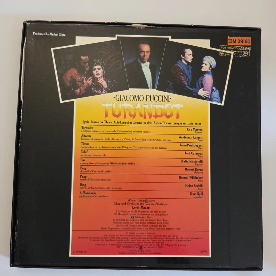 PUCCINI Turandot Vinyl- Marton, Carreras, MAAZEL, Vienna - CBS ST 3LP  1984  - Image 2 of 4
