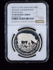 1974 Thailand 50 Baht NGC PF 68 Ultra Cameo Rhinoceros Wildlife Conservation