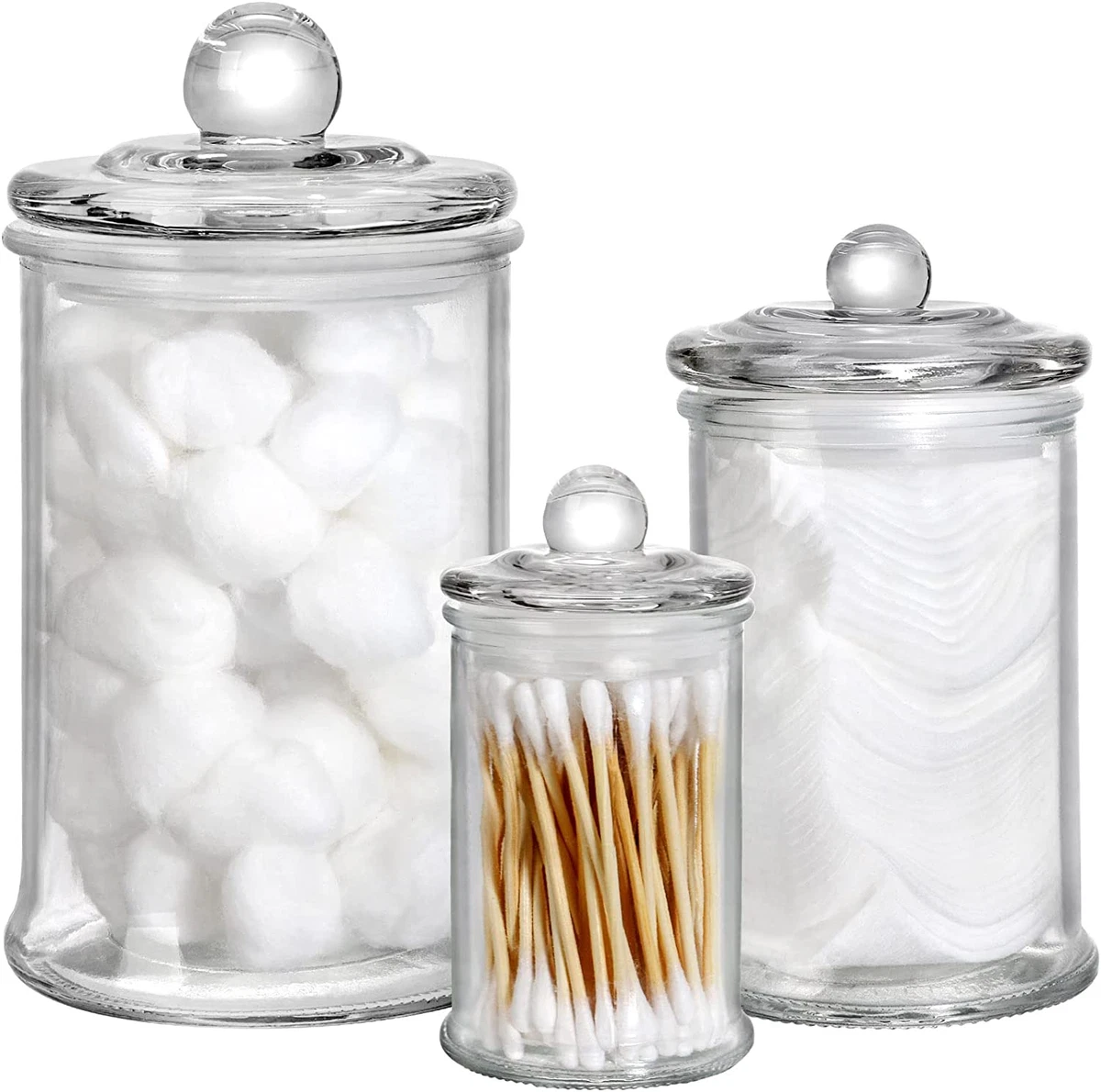 Set of 3 Glass Apothecary Jars with Lids Bathroom Vanity Storage
