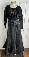Antique Victorian Late 1800's Black Two Piece Dress Lace Fringe Bodice Ruffles