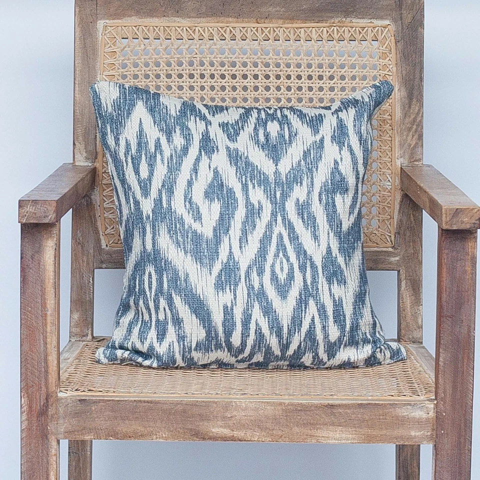 Textured Linen Blend Abstract Ikat Cushion in Marine Blue. 17x17". Double Sided. - Image 3 of 3