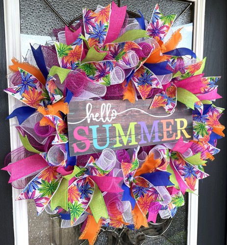 Hello Summer Beautiful Bright Pool Beach Front Door Deco Mesh Wreath Porch Patio - Picture 3 of 6