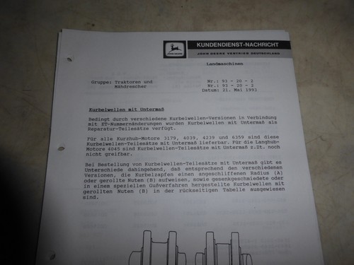 Kundendienst-Nachricht Kurbelwellen mit Untermaß zu John Deere Traktoren