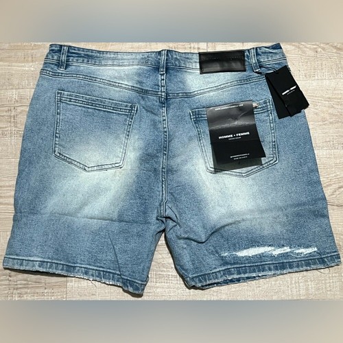Homme + Femme Men's Hand Painted Logo Distressed Denim Jean Shorts blue size 40 - Picture 5 of 11