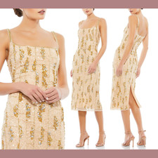 NEW $398 Mac Duggal [ 2 ] Beaded Spaghetti Strap Midi Slip Dress Nude Gold G1594