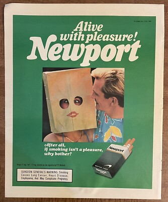 1989 Newport Menthol Cigarettes Alive With Pleasure Paper Sack Head 80s  Print Ad