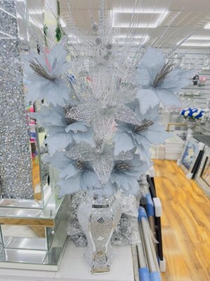 Künstliches Glitzerlilien Blumengesteck, 35 cm, grau-weiße Blüten