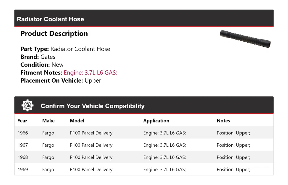 Manguera de refrigerante de radiador de entrega de paquetes Fargo P100 1966-1969 puertas superiores 1967 Foto 2 de 4