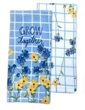 Blue Floral Plaid 100% Cotton Kitchen Terry Tea Towels 2-pk. "Grow Together"